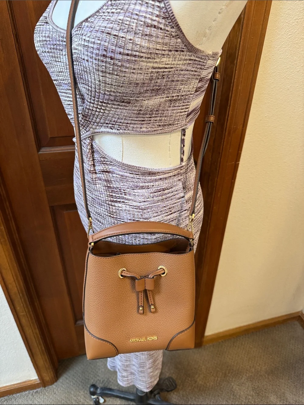 Michael Kors Cognac Pebbled Leather Mini Drawstring Bucket/Crossbody Bag